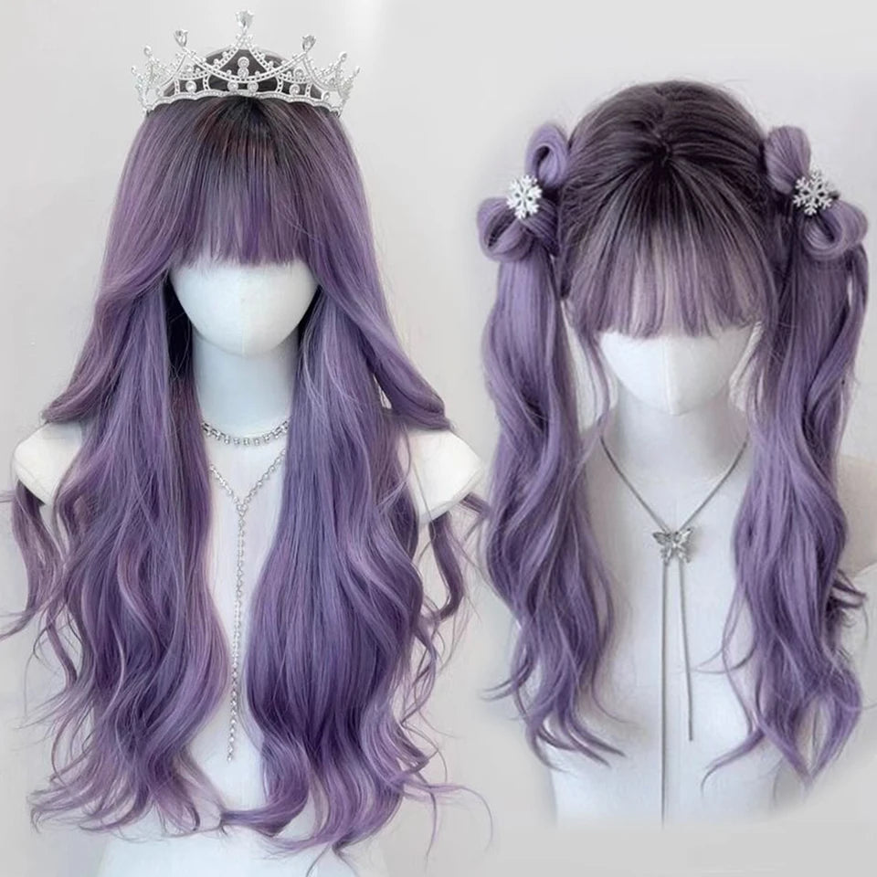 Long Wavy Wave Ombre Black Brown Purple Cosplay Wigs Heat Resistant Synthetic Wigs Middle Part Natural Lolita Wigs For Women