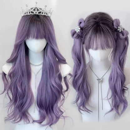 Long Wavy Wave Ombre Black Brown Purple Cosplay Wigs Heat Resistant Synthetic Wigs Middle Part Natural Lolita Wigs For Women