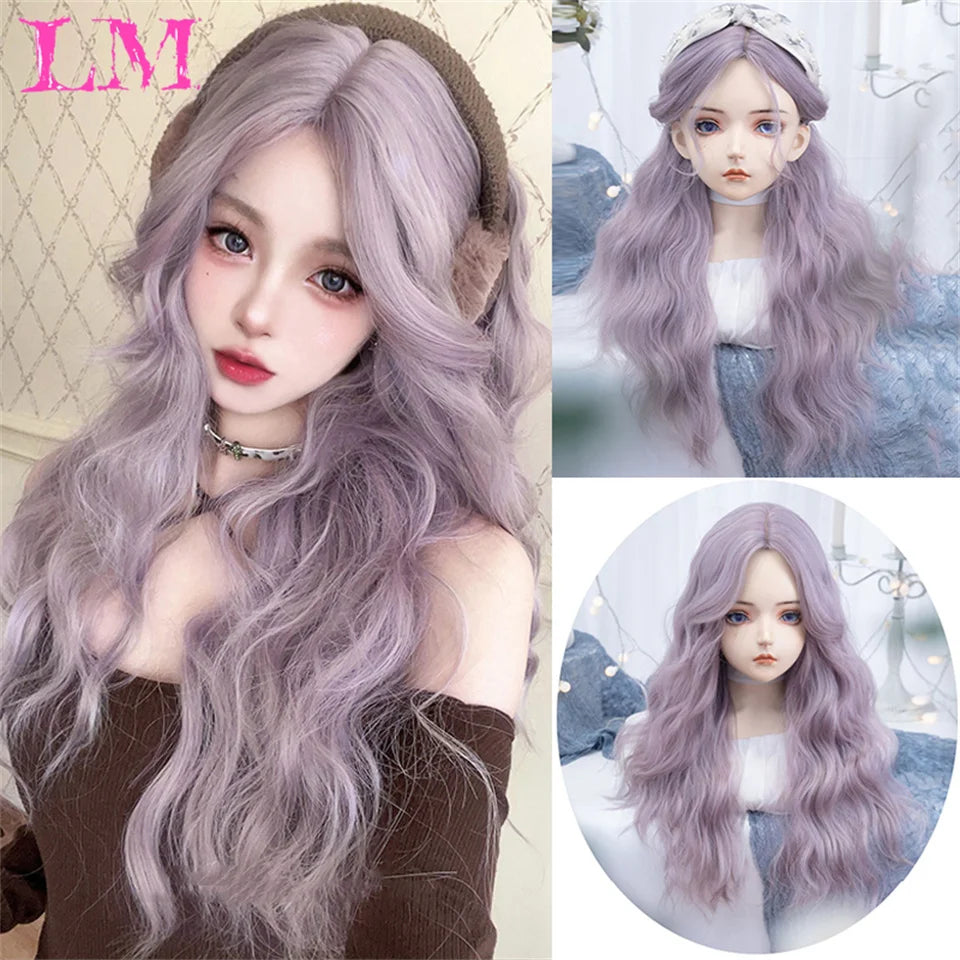 LM Synthetic Long Straight Lolita Wig with Bangs Wig Girl Cute Ombre Pink Blonde Black Cosplay Party Halloween Harajuku Wig
