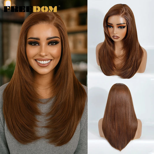 FREEDOM Synthetic Lace Wigs For Women Straight Layered Lace Wig 18 Inch Side Part Pre Plucked Ombre Brown Blonde Cosplay Wigs