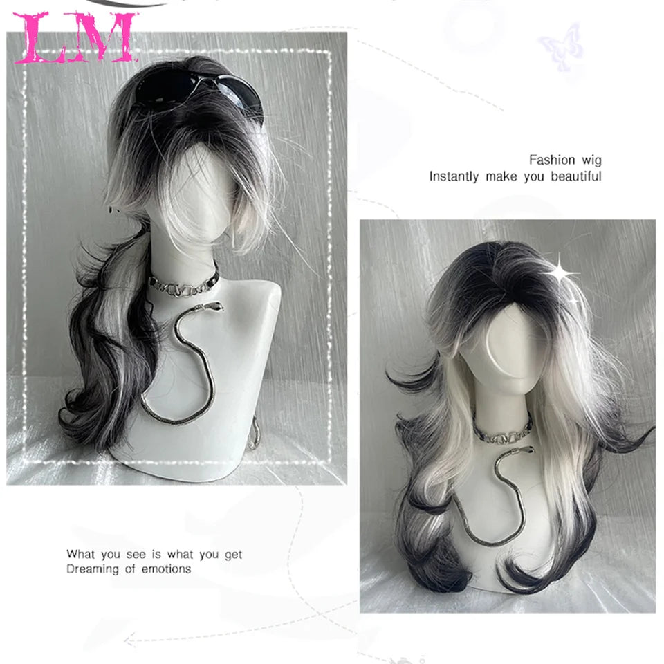 LM Synthetic Long Straight Lolita Wig with Bangs Wig Girl Cute Ombre Pink Blonde Black Cosplay Party Halloween Harajuku Wig