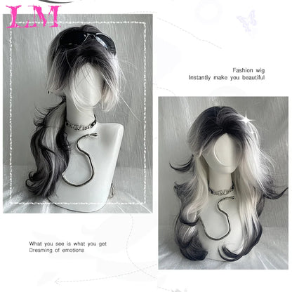 LM Synthetic Long Straight Lolita Wig with Bangs Wig Girl Cute Ombre Pink Blonde Black Cosplay Party Halloween Harajuku Wig