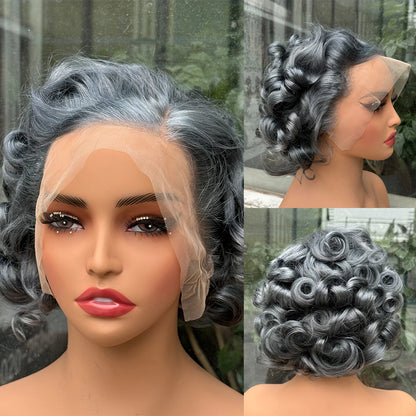 613# Pixie Cut Wigs Human Hair Loose Wave Curly Wig 13x4 Lace Front Human Hair Wig  260% Density 8Inch for Black Women