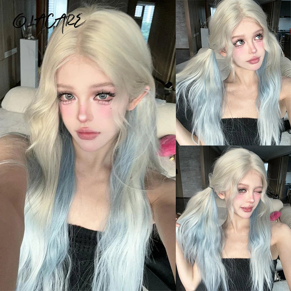 Long Wavy Wave Ombre Black Brown Purple Cosplay Wigs Heat Resistant Synthetic Wigs Middle Part Natural Lolita Wigs For Women