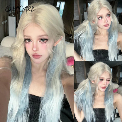 Long Wavy Wave Ombre Black Brown Purple Cosplay Wigs Heat Resistant Synthetic Wigs Middle Part Natural Lolita Wigs For Women