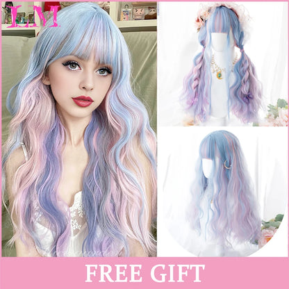 LM Synthetic Long Straight Lolita Wig with Bangs Wig Girl Cute Ombre Pink Blonde Black Cosplay Party Halloween Harajuku Wig