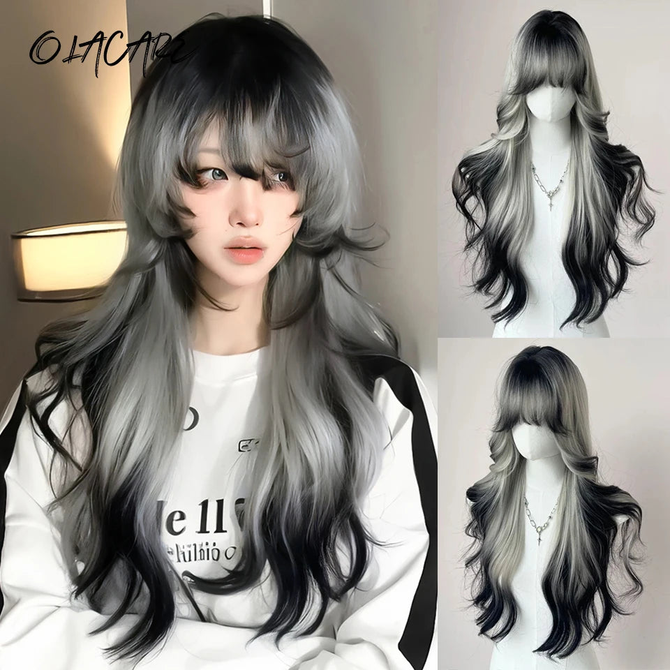Long Wavy Wave Ombre Black Brown Purple Cosplay Wigs Heat Resistant Synthetic Wigs Middle Part Natural Lolita Wigs For Women