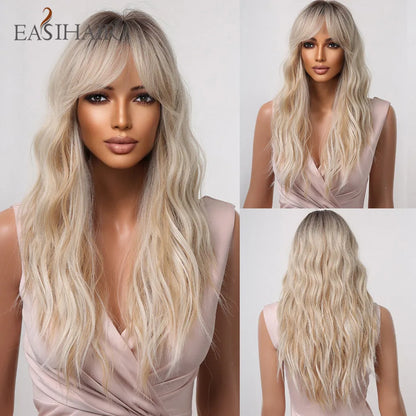 EASIHAIR Ombre Brown Light Blonde Platinum Long Wavy Middle Part Hair Wig Cosplay Natural Heat Resistant Synthetic Wig for Women