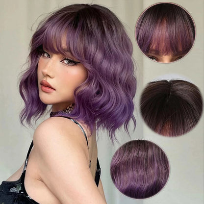 Short Bob Gray Purple Synthetic Wigs with Bangs Curly Cosplay Purple Ombre Wig for Women Afro Natural Wave Hair Heat Resistant