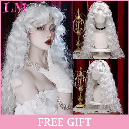 LM Synthetic Long Straight Lolita Wig with Bangs Wig Girl Cute Ombre Pink Blonde Black Cosplay Party Halloween Harajuku Wig