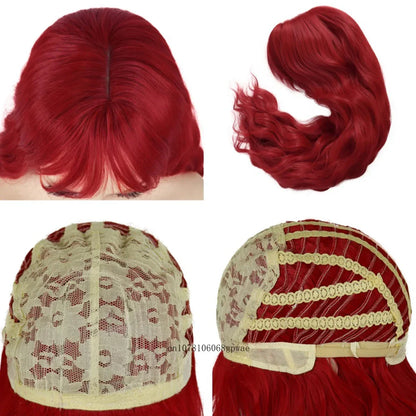 Red Hair Synthetic Long Curly Wig with Bangs Water Wave Wigs for Women Ladies Cosplay Halloween Costume Lolita Party Dress Up