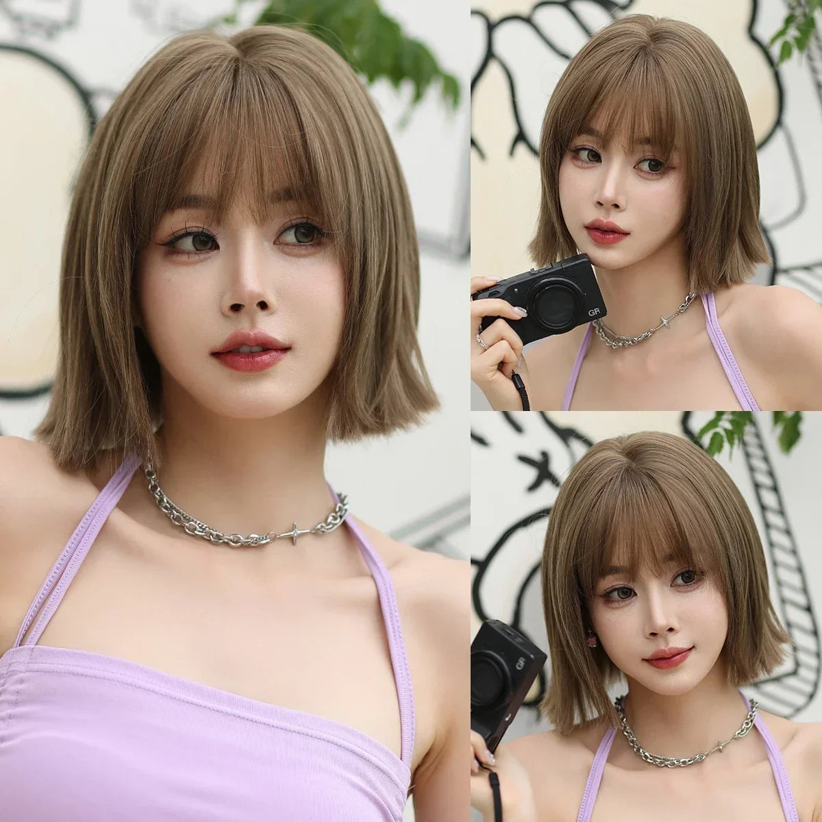 NAMM High Density Synthetic Middle Part Blonde White Wig For Women Daily Short Wavy Bob Wigs With Curtain Bangs Glueless Wig