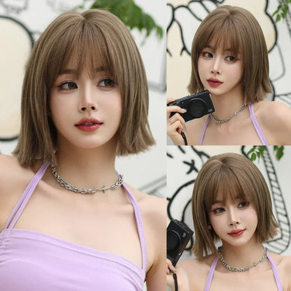 NAMM High Density Synthetic Middle Part Blonde White Wig For Women Daily Short Wavy Bob Wigs With Curtain Bangs Glueless Wig