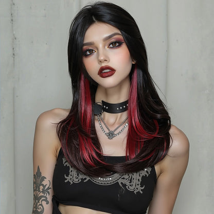 Short Natural Wavy Synthetic Wig 12inch Black Highlight Red Hair Wigs For Women Daily T-part Bob Wig Christmas Party Cosplay Wig