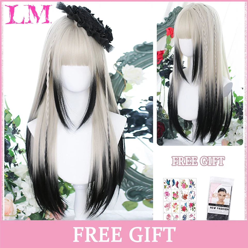LM Synthetic Long Straight Lolita Wig with Bangs Wig Girl Cute Ombre Pink Blonde Black Cosplay Party Halloween Harajuku Wig
