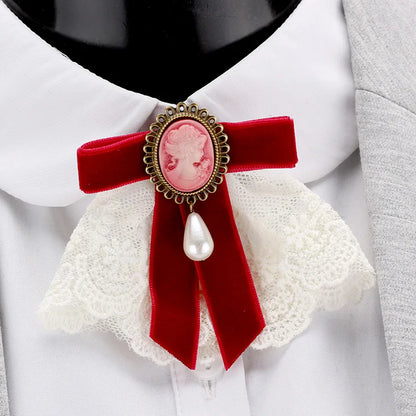 Women New Retro Handmade Lace Imitation Pearl Velvet Sweater Pin Coat Bow Brooch H1294