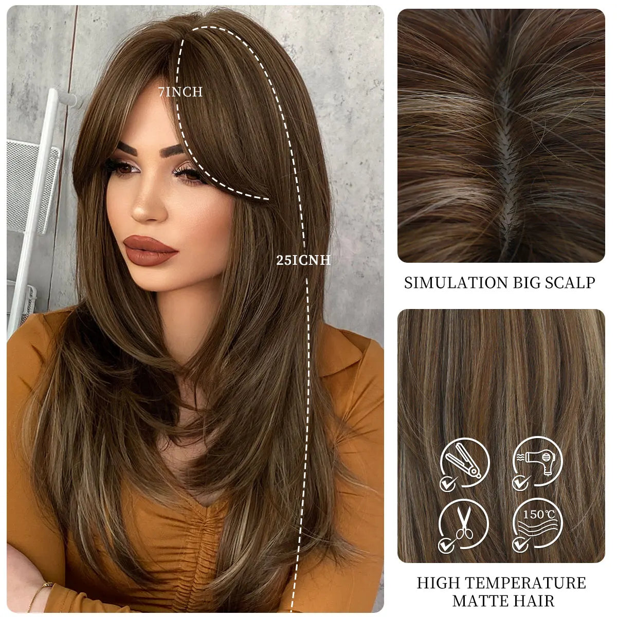 7JHH WIGS Honey Blonde Wig with Bangs Long Brown Wigs for Women,Layered Heat Resistant Synthetic Wigs for Daily Use