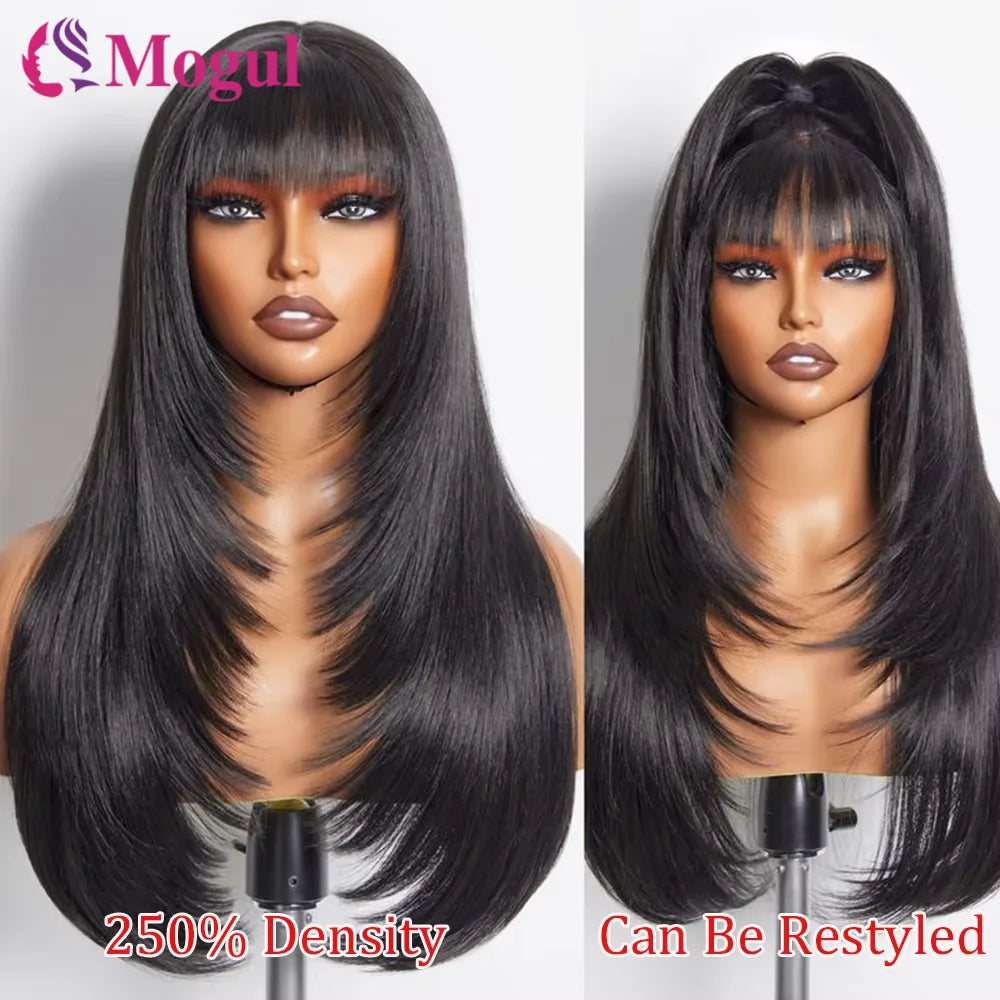 Layered Cut Human Wig 14-30Inch Glueless Straight Drawstring Human Hair Wig With Bangs 4x4Lace Wig Human Hair Multi Parting Wigs