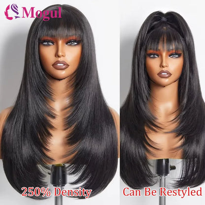 Layered Cut Human Wig 14-30Inch Glueless Straight Drawstring Human Hair Wig With Bangs 4x4Lace Wig Human Hair Multi Parting Wigs