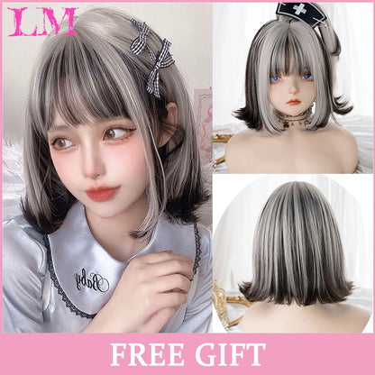 LM Synthetic Long Straight Lolita Wig with Bangs Wig Girl Cute Ombre Pink Blonde Black Cosplay Party Halloween Harajuku Wig