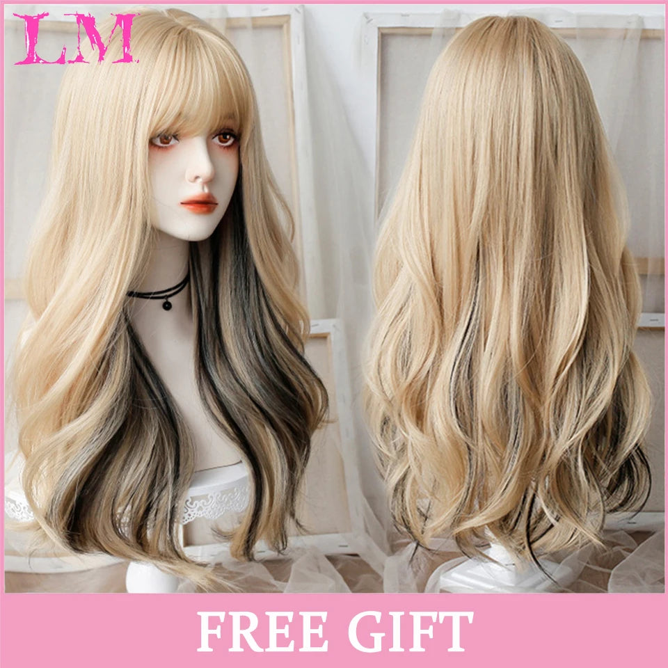 LM Synthetic Long Straight Lolita Wig with Bangs Wig Girl Cute Ombre Pink Blonde Black Cosplay Party Halloween Harajuku Wig