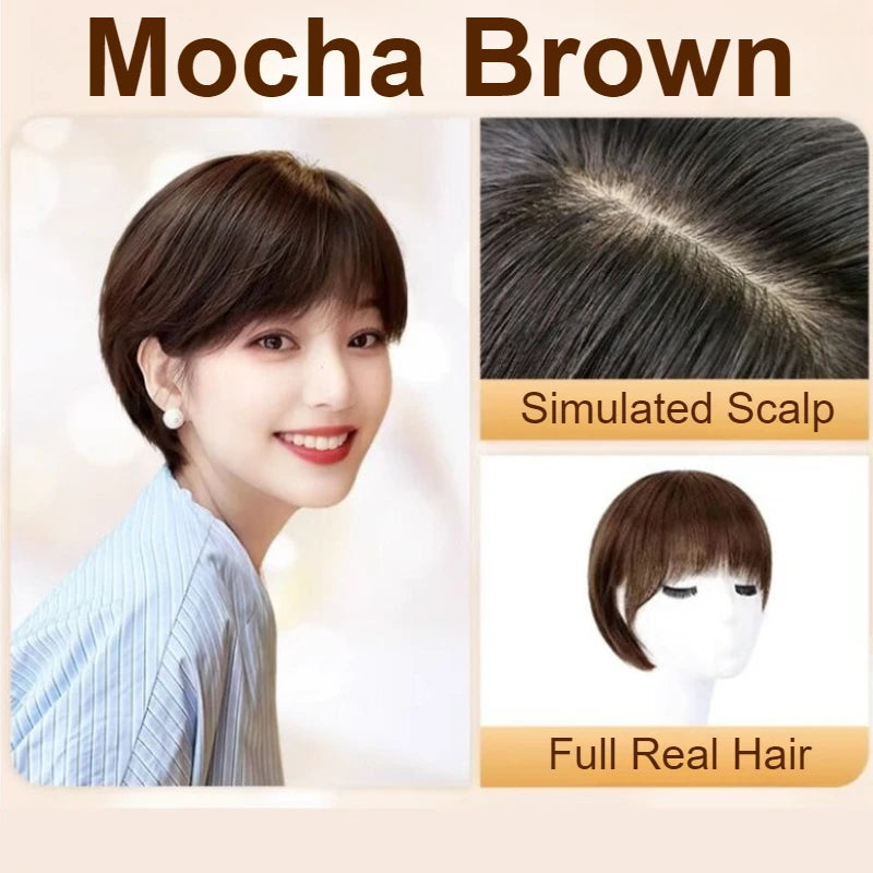 100% Human Hair Short Wig with Bangs Fashionable Women Natural Looking Black Hairpiece Breathable Cap Wig for Daily Wear Cosplay