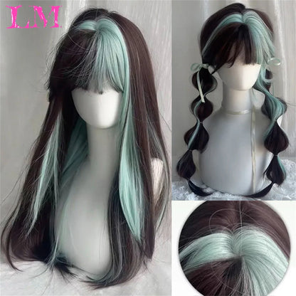 LM Synthetic Long Straight Lolita Wig with Bangs Wig Girl Cute Ombre Pink Blonde Black Cosplay Party Halloween Harajuku Wig