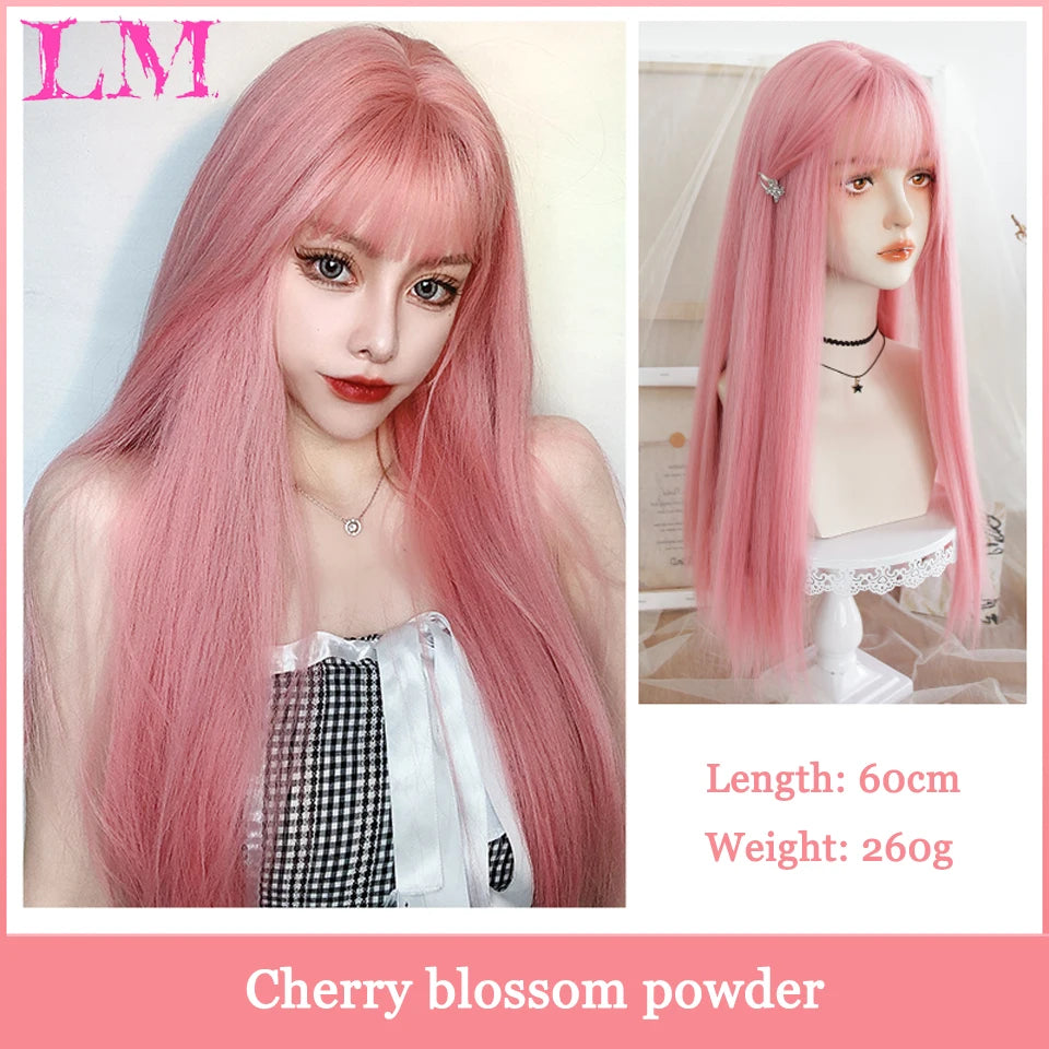 LM Synthetic Long Straight Lolita Wig with Bangs Wig Girl Cute Ombre Pink Blonde Black Cosplay Party Halloween Harajuku Wig