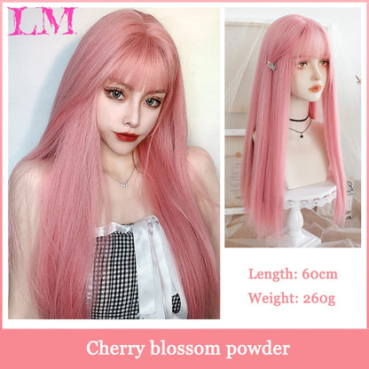 LM Synthetic Long Straight Lolita Wig with Bangs Wig Girl Cute Ombre Pink Blonde Black Cosplay Party Halloween Harajuku Wig