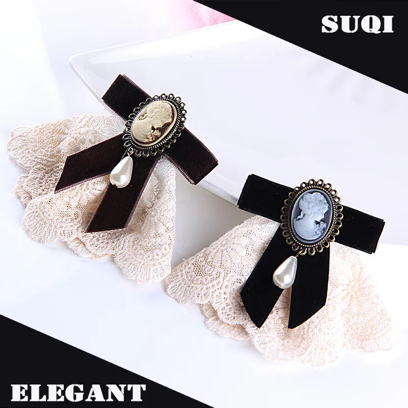 Women New Retro Handmade Lace Imitation Pearl Velvet Sweater Pin Coat Bow Brooch H1294