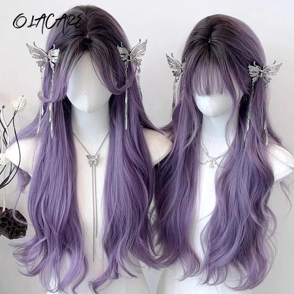 Long Wavy Wave Ombre Black Brown Purple Cosplay Wigs Heat Resistant Synthetic Wigs Middle Part Natural Lolita Wigs For Women