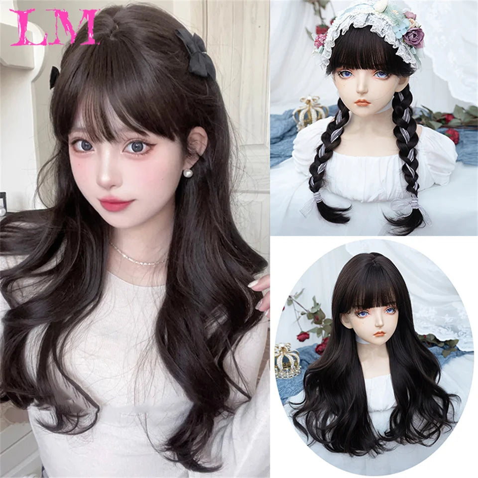 LM Synthetic Long Straight Lolita Wig with Bangs Wig Girl Cute Ombre Pink Blonde Black Cosplay Party Halloween Harajuku Wig