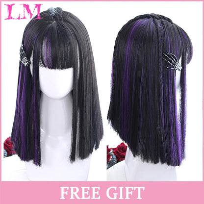 LM Synthetic Long Straight Lolita Wig with Bangs Wig Girl Cute Ombre Pink Blonde Black Cosplay Party Halloween Harajuku Wig