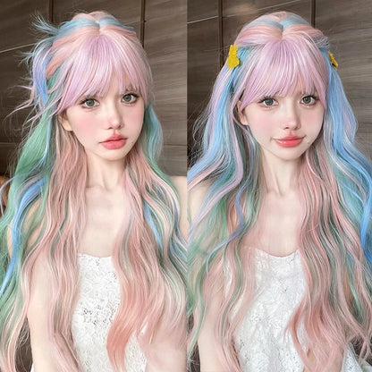 Long Wavy Wave Ombre Black Brown Purple Cosplay Wigs Heat Resistant Synthetic Wigs Middle Part Natural Lolita Wigs For Women