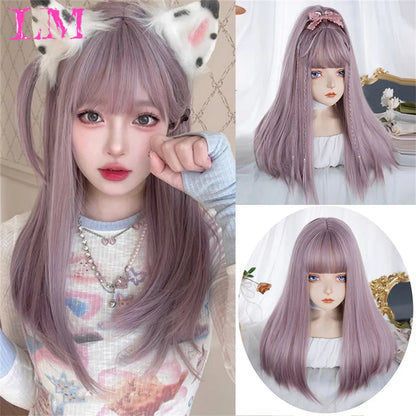 LM Synthetic Long Straight Lolita Wig with Bangs Wig Girl Cute Ombre Pink Blonde Black Cosplay Party Halloween Harajuku Wig