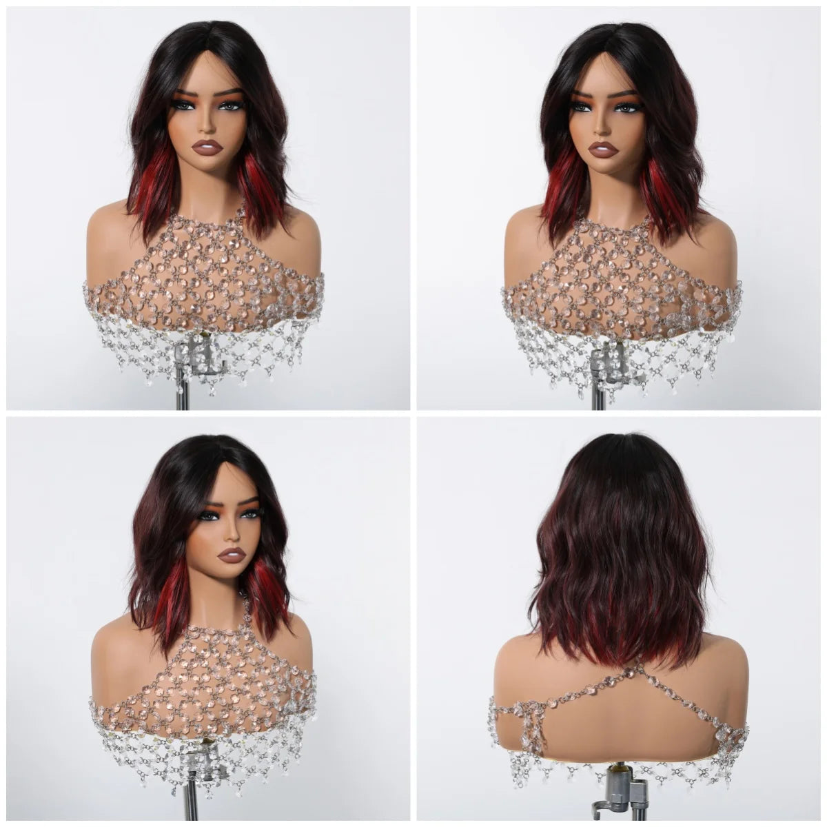 Short Natural Wavy Synthetic Wig 12inch Black Highlight Red Hair Wigs For Women Daily T-part Bob Wig Christmas Party Cosplay Wig