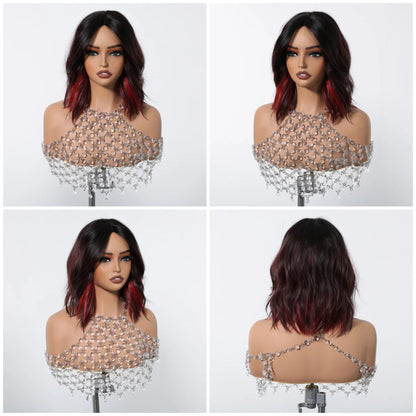 Short Natural Wavy Synthetic Wig 12inch Black Highlight Red Hair Wigs For Women Daily T-part Bob Wig Christmas Party Cosplay Wig