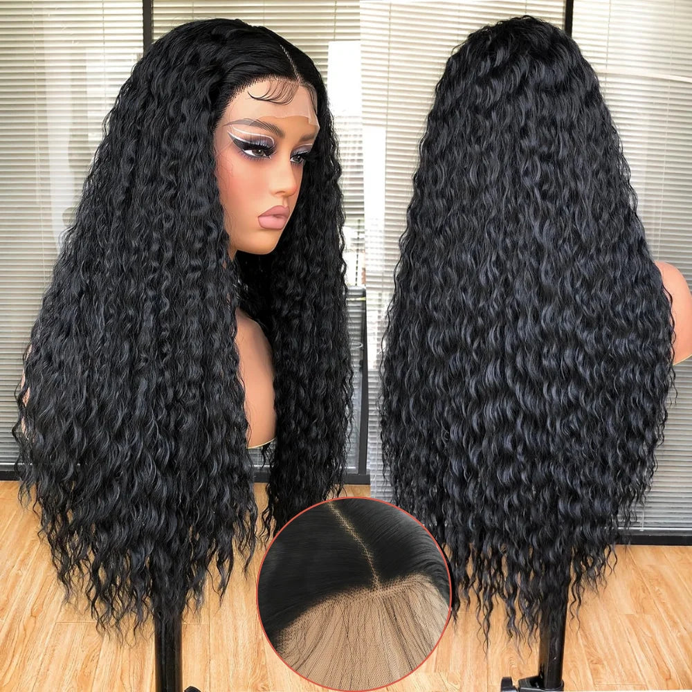 Black Long Curly Lace Front 13*3 Wigs for Black Women Long Deep Wave Synthetic Wigs with Baby Hair Heat Resistant Fiber Glueless