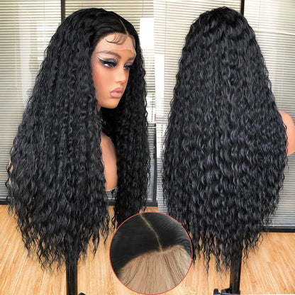 Black Long Curly Lace Front 13*3 Wigs for Black Women Long Deep Wave Synthetic Wigs with Baby Hair Heat Resistant Fiber Glueless