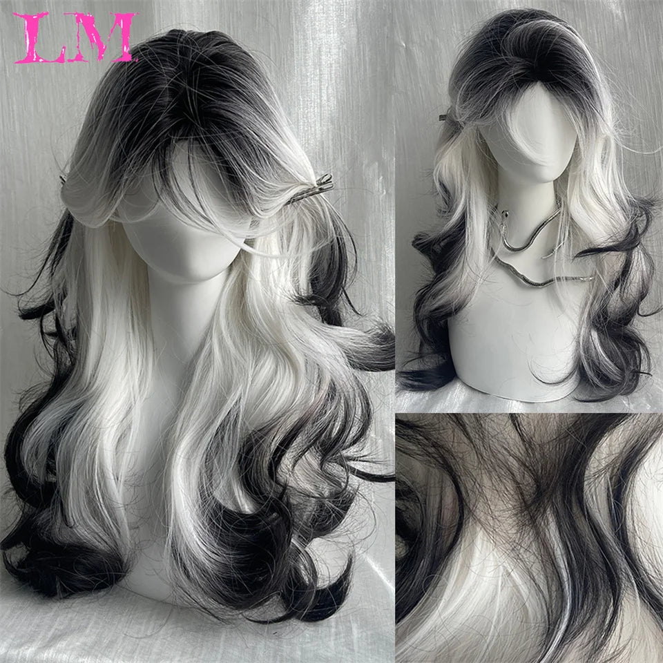 LM Synthetic Long Straight Lolita Wig with Bangs Wig Girl Cute Ombre Pink Blonde Black Cosplay Party Halloween Harajuku Wig