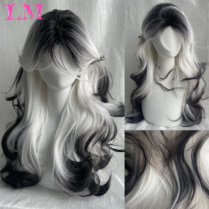 LM Synthetic Long Straight Lolita Wig with Bangs Wig Girl Cute Ombre Pink Blonde Black Cosplay Party Halloween Harajuku Wig