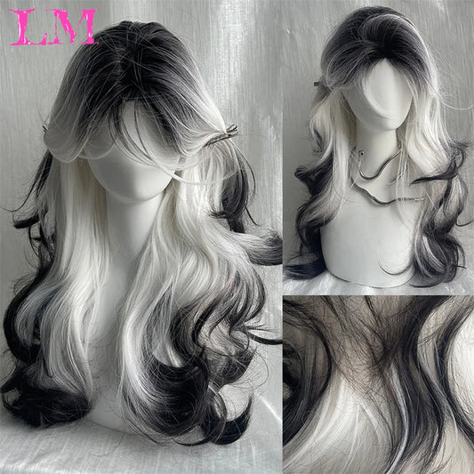 LM Synthetic Long Straight Lolita Wig with Bangs Wig Girl Cute Ombre Pink Blonde Black Cosplay Party Halloween Harajuku Wig