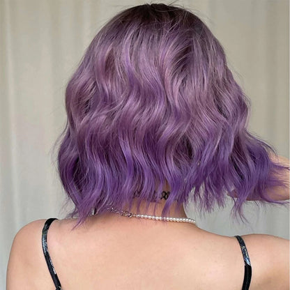 Short Bob Gray Purple Synthetic Wigs with Bangs Curly Cosplay Purple Ombre Wig for Women Afro Natural Wave Hair Heat Resistant