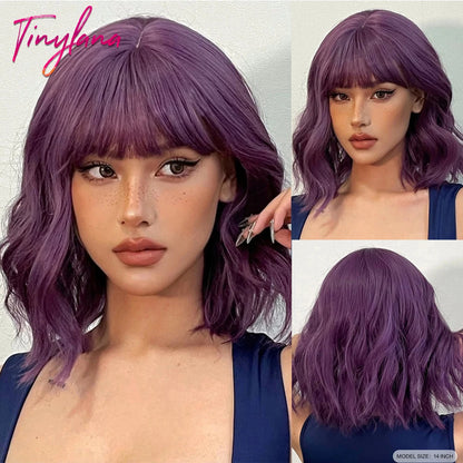 Short Bob Gray Purple Synthetic Wigs with Bangs Curly Cosplay Purple Ombre Wig for Women Afro Natural Wave Hair Heat Resistant