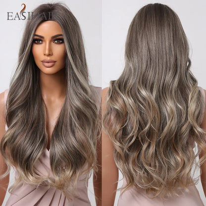 EASIHAIR Ombre Brown Light Blonde Platinum Long Wavy Middle Part Hair Wig Cosplay Natural Heat Resistant Synthetic Wig for Women