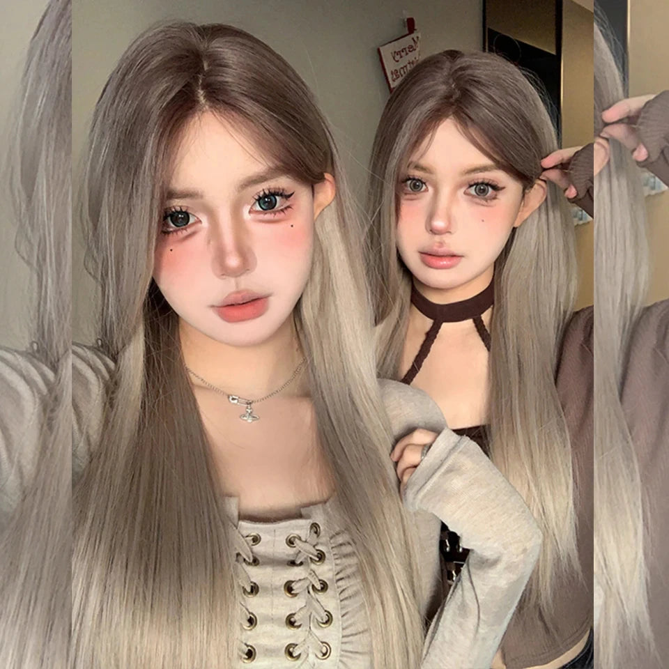 Long Wavy Wave Ombre Black Brown Purple Cosplay Wigs Heat Resistant Synthetic Wigs Middle Part Natural Lolita Wigs For Women