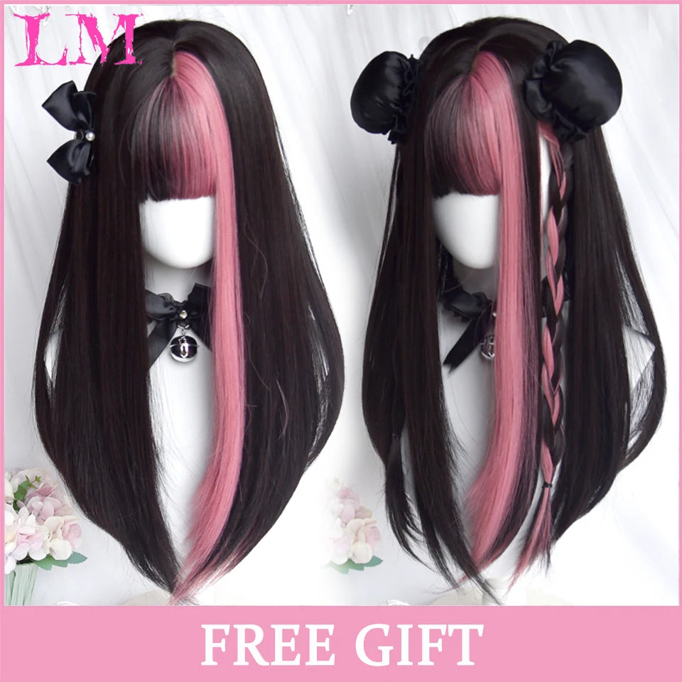 LM Synthetic Long Straight Lolita Wig with Bangs Wig Girl Cute Ombre Pink Blonde Black Cosplay Party Halloween Harajuku Wig