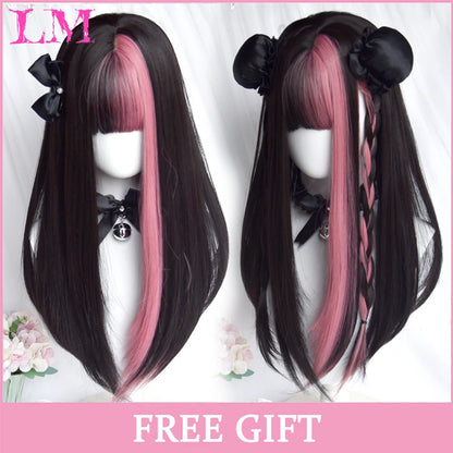 LM Synthetic Long Straight Lolita Wig with Bangs Wig Girl Cute Ombre Pink Blonde Black Cosplay Party Halloween Harajuku Wig
