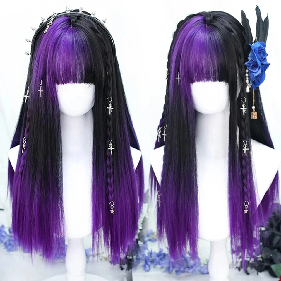 Long Wavy Wave Ombre Black Brown Purple Cosplay Wigs Heat Resistant Synthetic Wigs Middle Part Natural Lolita Wigs For Women