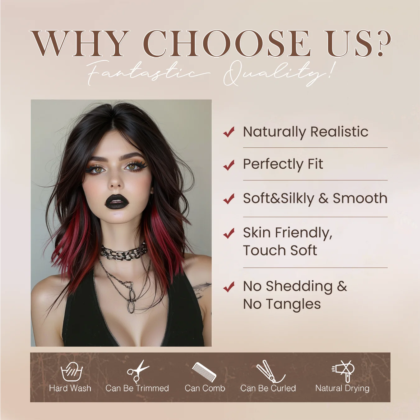 Short Natural Wavy Synthetic Wig 12inch Black Highlight Red Hair Wigs For Women Daily T-part Bob Wig Christmas Party Cosplay Wig